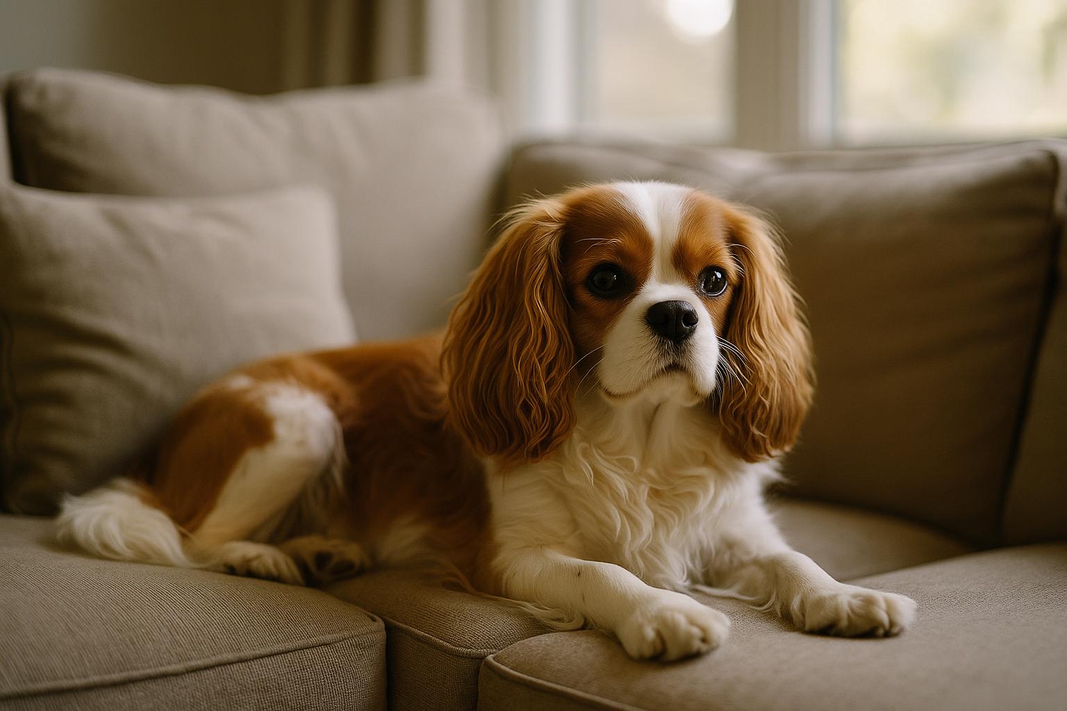 Cavalier King Charles Spaniel resting on a couch in soft natural light