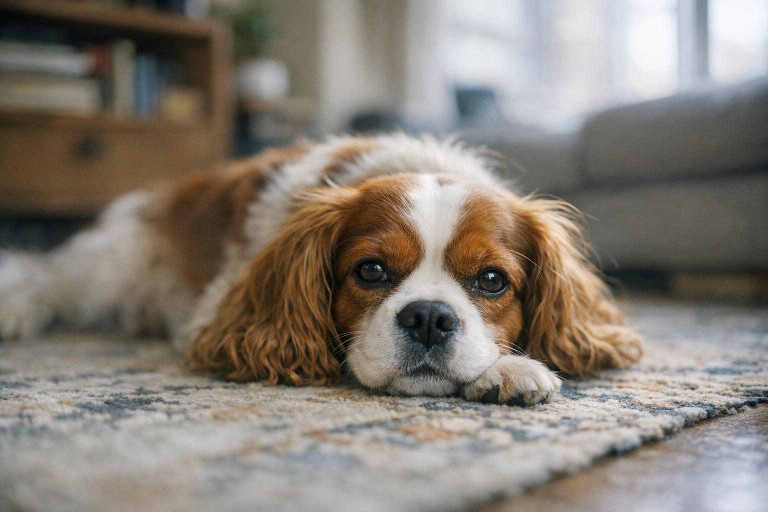 Cavalier King Charles Spaniel resting on a rug in a softly lit living room