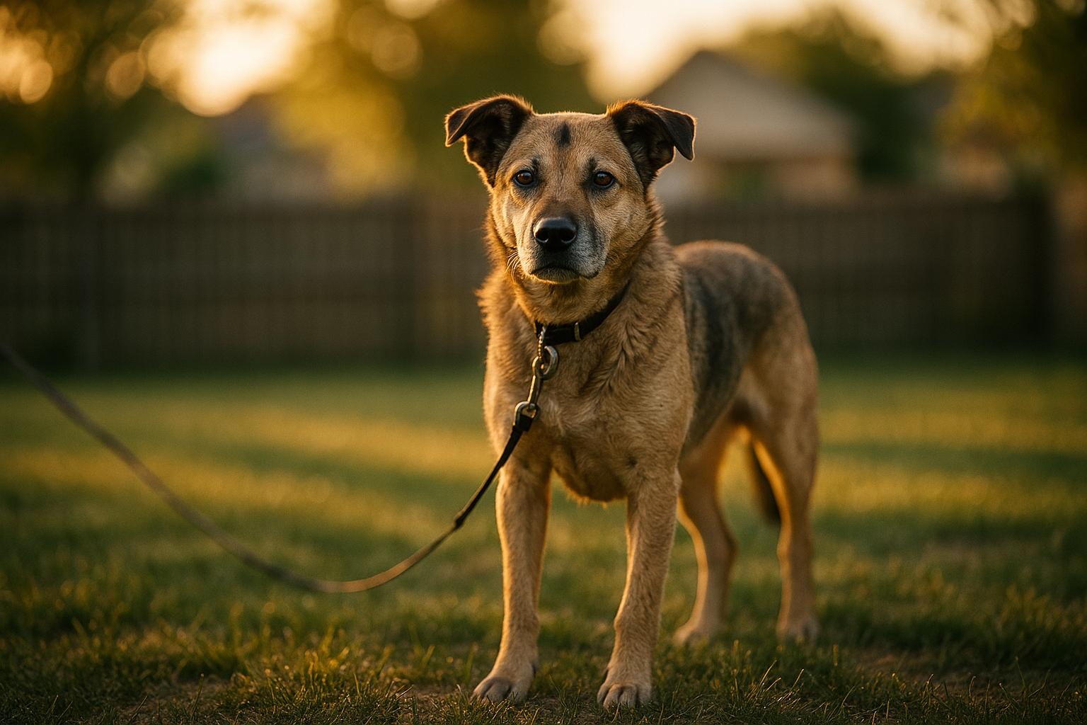 Mixed-breed dog standing in a suburban backyard with a fence in the background during golden hour