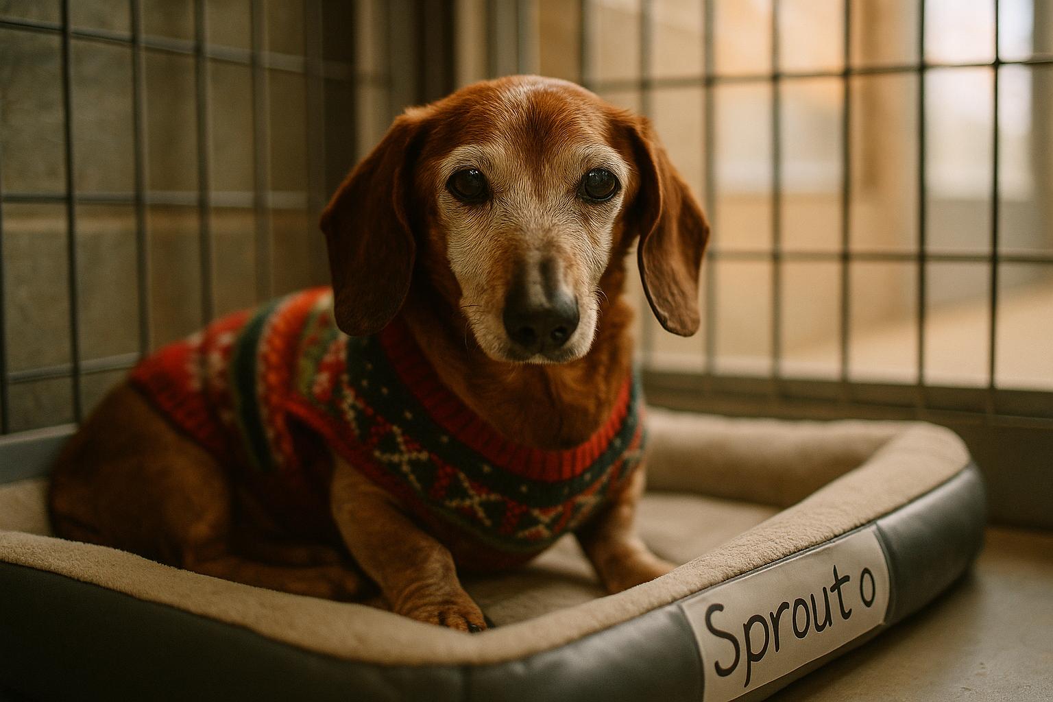 Sprout, a twenty-year-old dachshund wearing a holiday sweater, sitting on a padded bed in a shelter kennel with soft natural light
