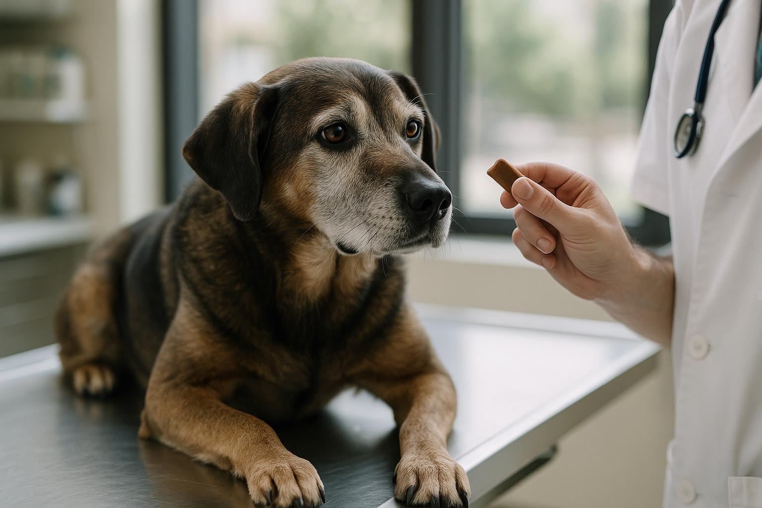 Senior dog on veterinary exam table being offered a soft chew in a clinic setting