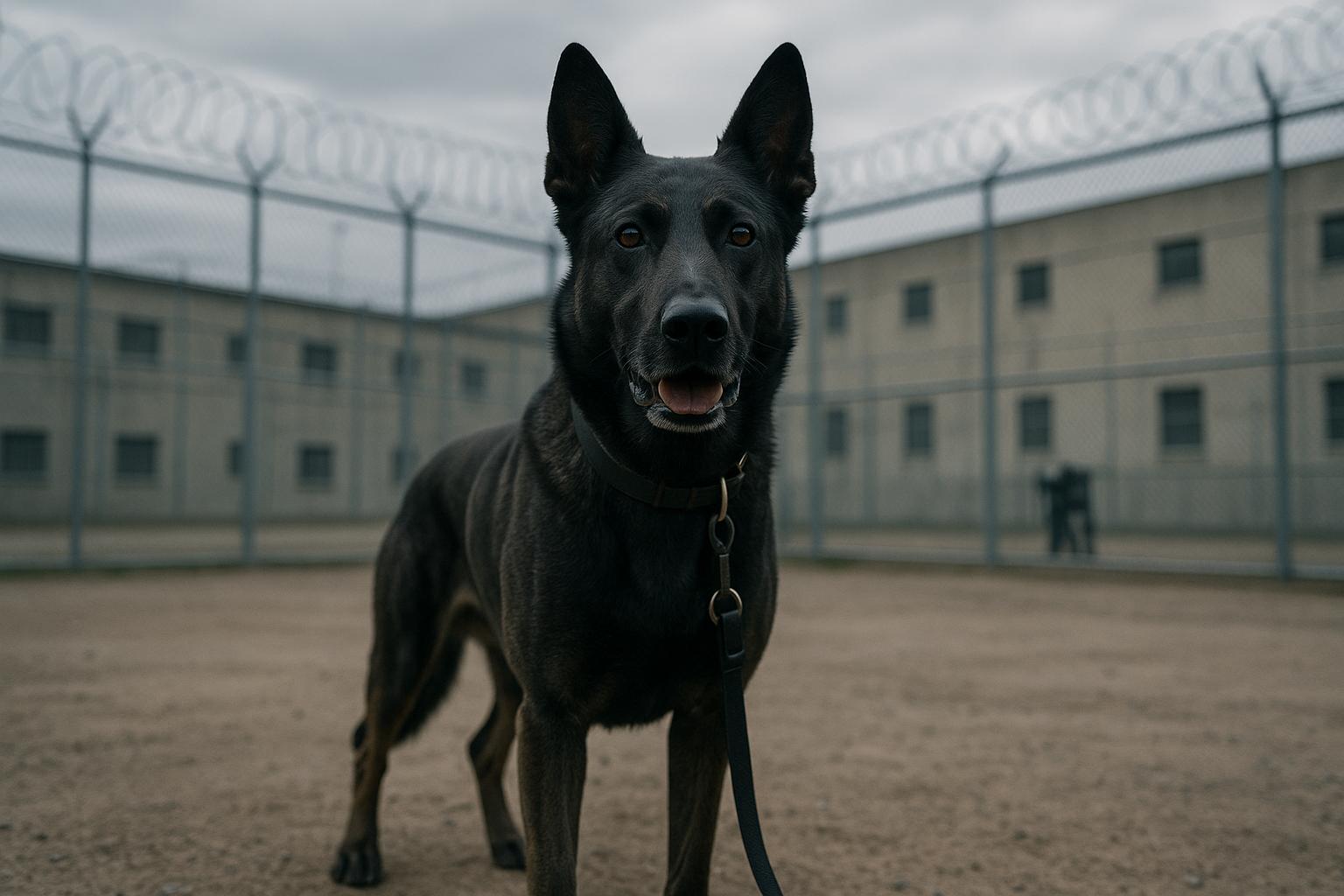 A working patrol dog standing alert in a prison yard, handler equipment blurred in the background
