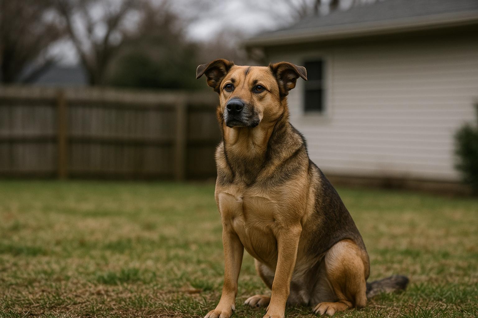 Medium-sized mixed-breed companion dog sitting in a suburban backyard, soft overcast light