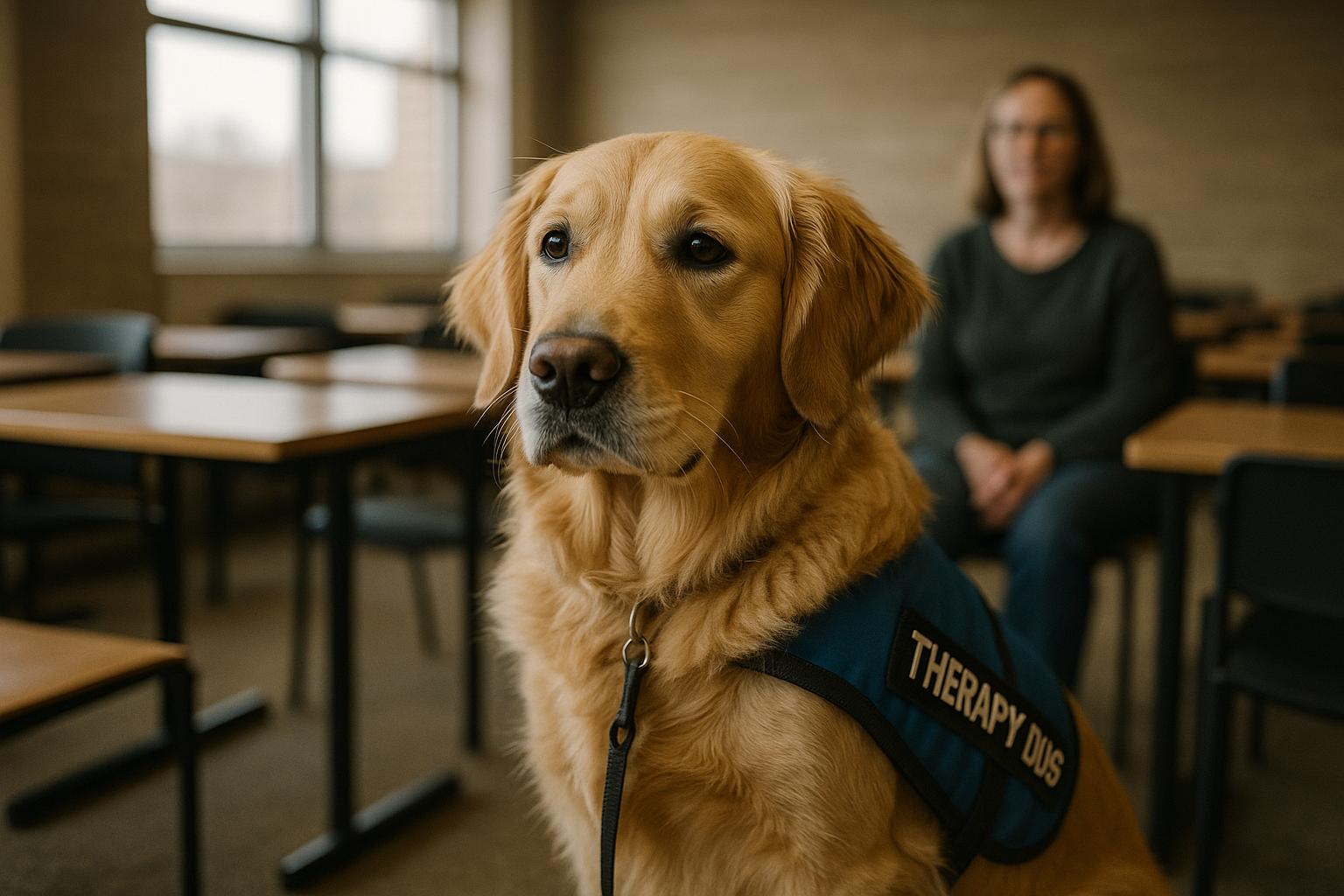 Therapy dog sitting in a quiet study room with a handler blurred in the background