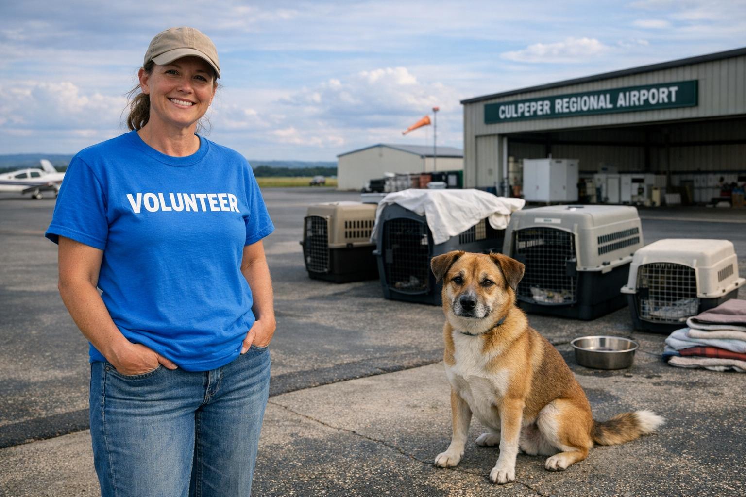 Volunteer at Culpeper Regional Airport waiting beside a kennel with a calm shelter dog on a partly cloudy afternoon.
