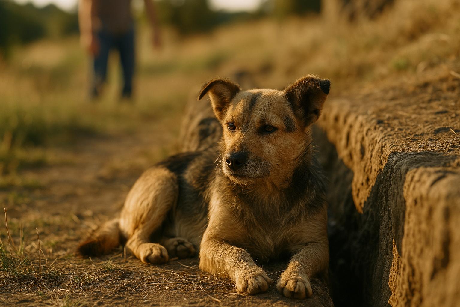 Small dog resting beside a rocky crevice in Roslyn after being rescued, volunteers blurred in background