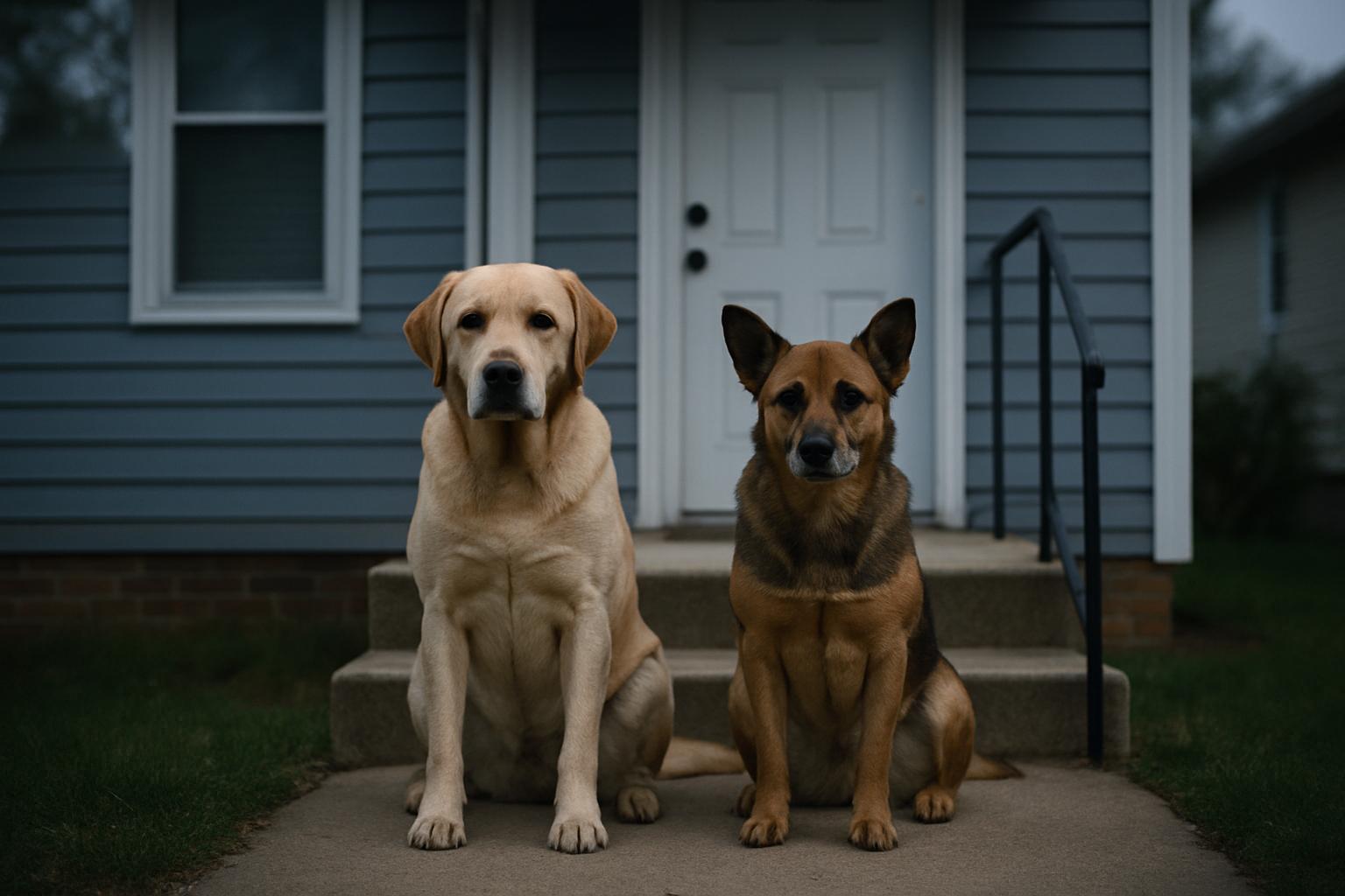 Two adult dogs sitting on the front steps of a suburban house at dawn, calm and healthy in appearance.
