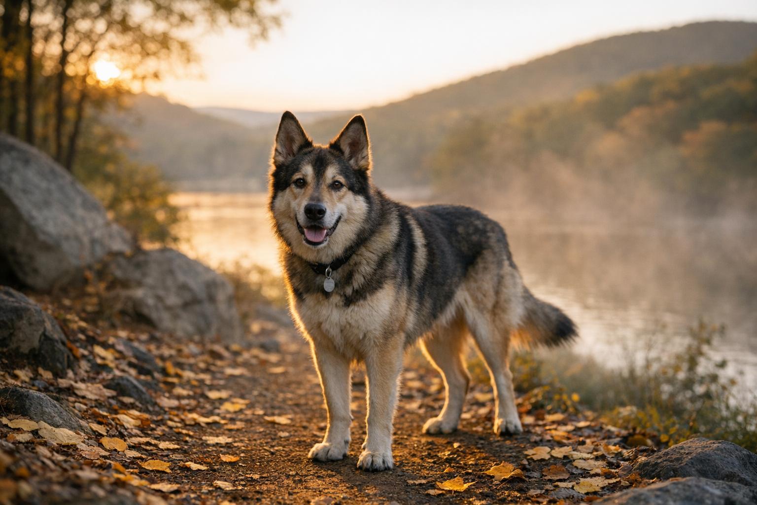 Ajax the dog on a misty Hudson Highlands trail at dawn, fallen yellow leaves and a steaming lake in the background.