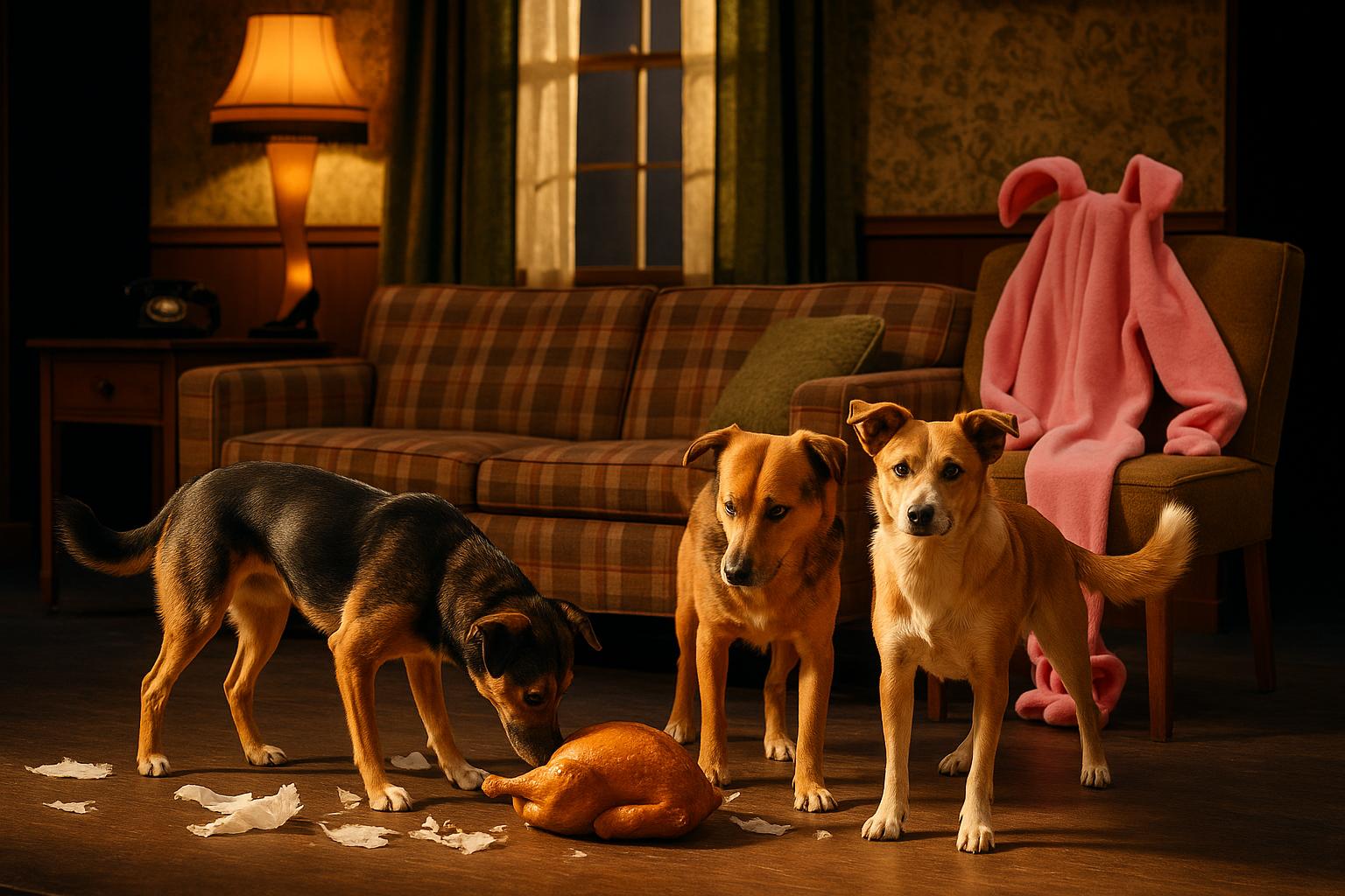 Two mischievous dogs on a theatrical living-room set with a glowing leg lamp and pink bunny pajamas, staged at Walnut Street Theatre