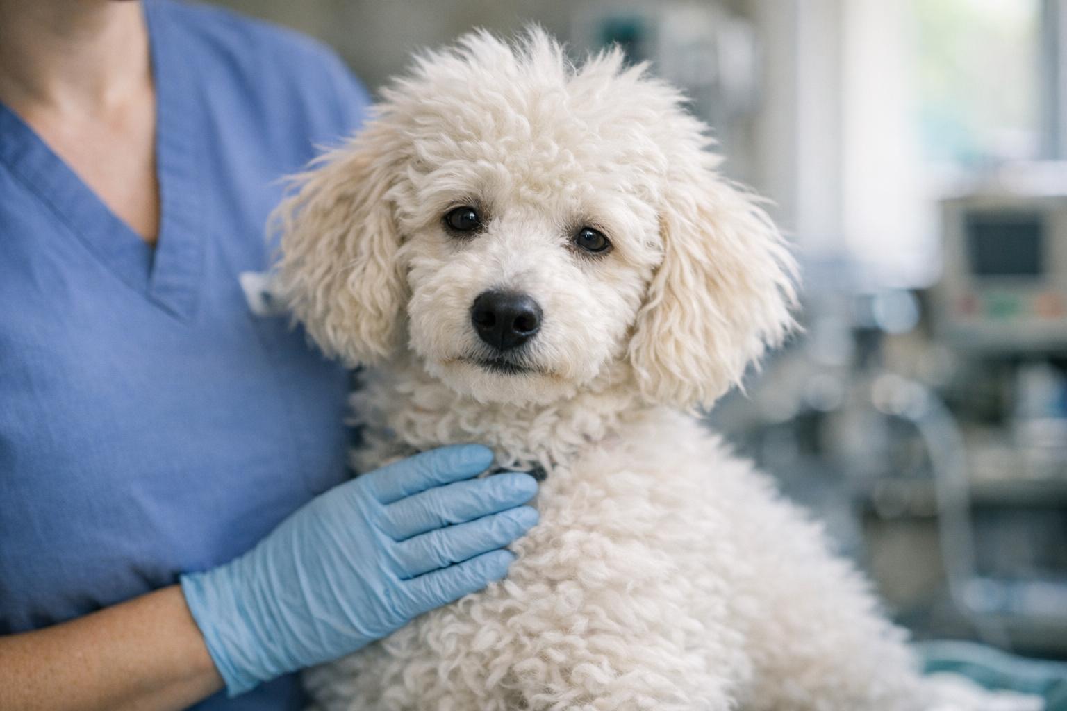 Seven-month-old poodle being comforted by a veterinary technician in a recovery room after surgery.