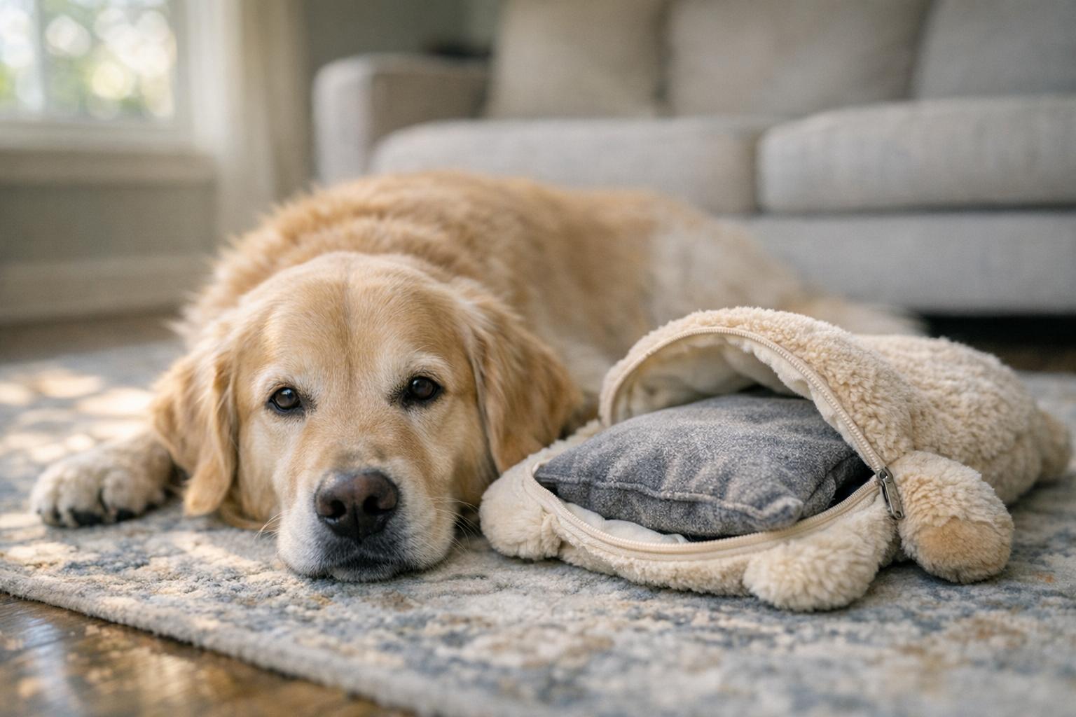 Golden retriever resting beside an unscented microwavable plush pet warmer with removable insert visible