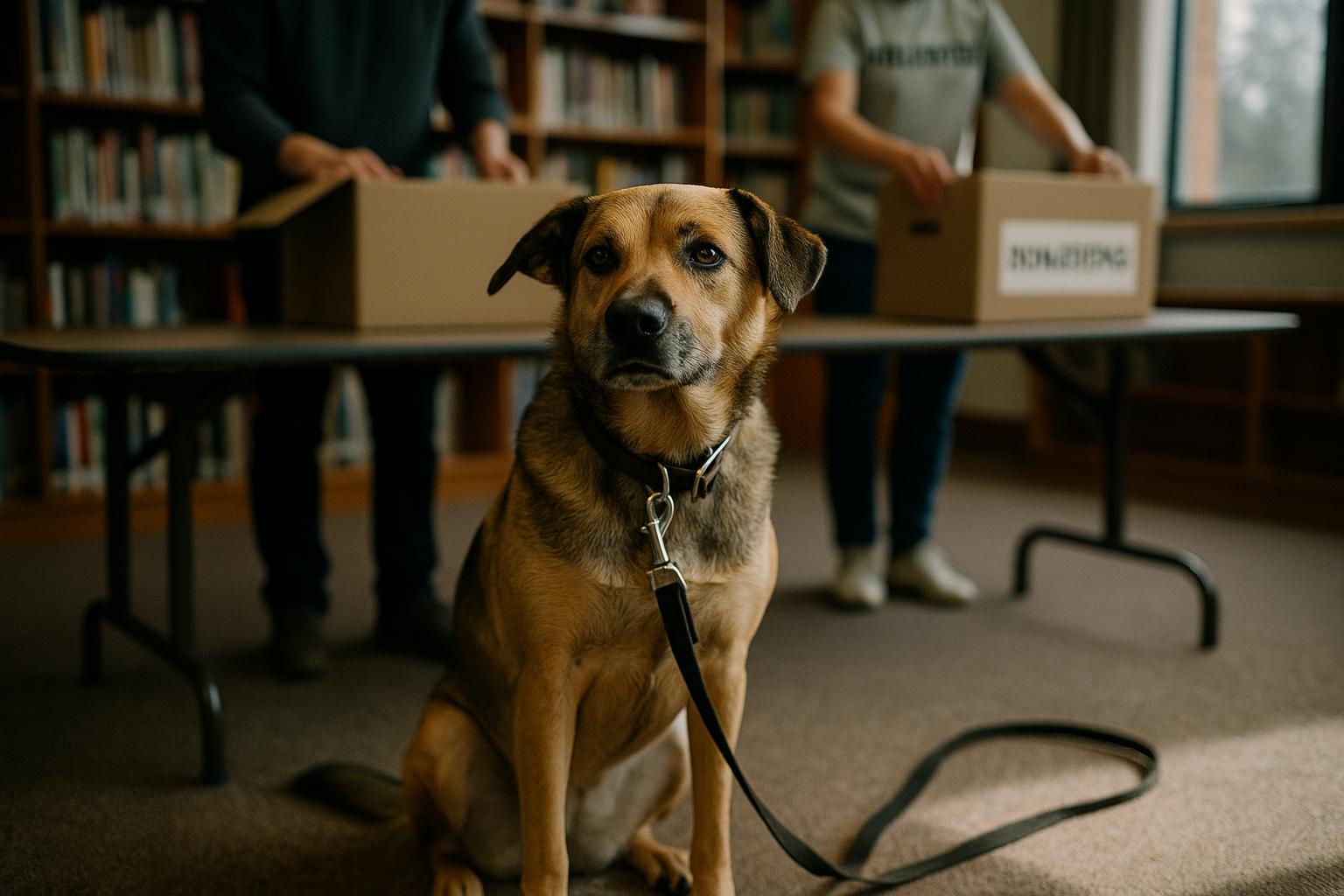 A medium-sized mixed-breed dog sits in a library meeting room with donation boxes and volunteers blurred in the background.