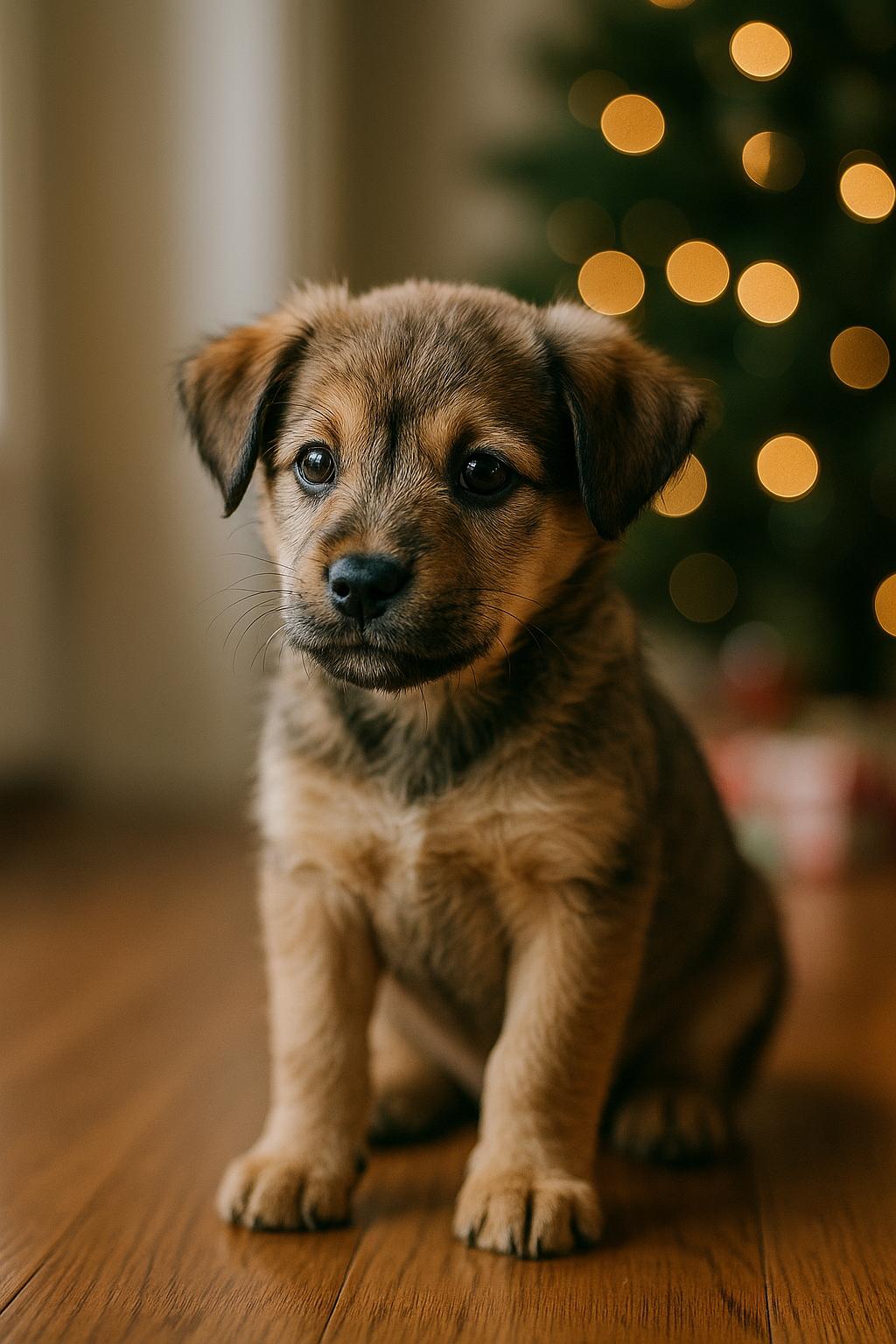A young mixed-breed puppy sitting attentively indoors near holiday decorations, natural light and shallow depth of field.