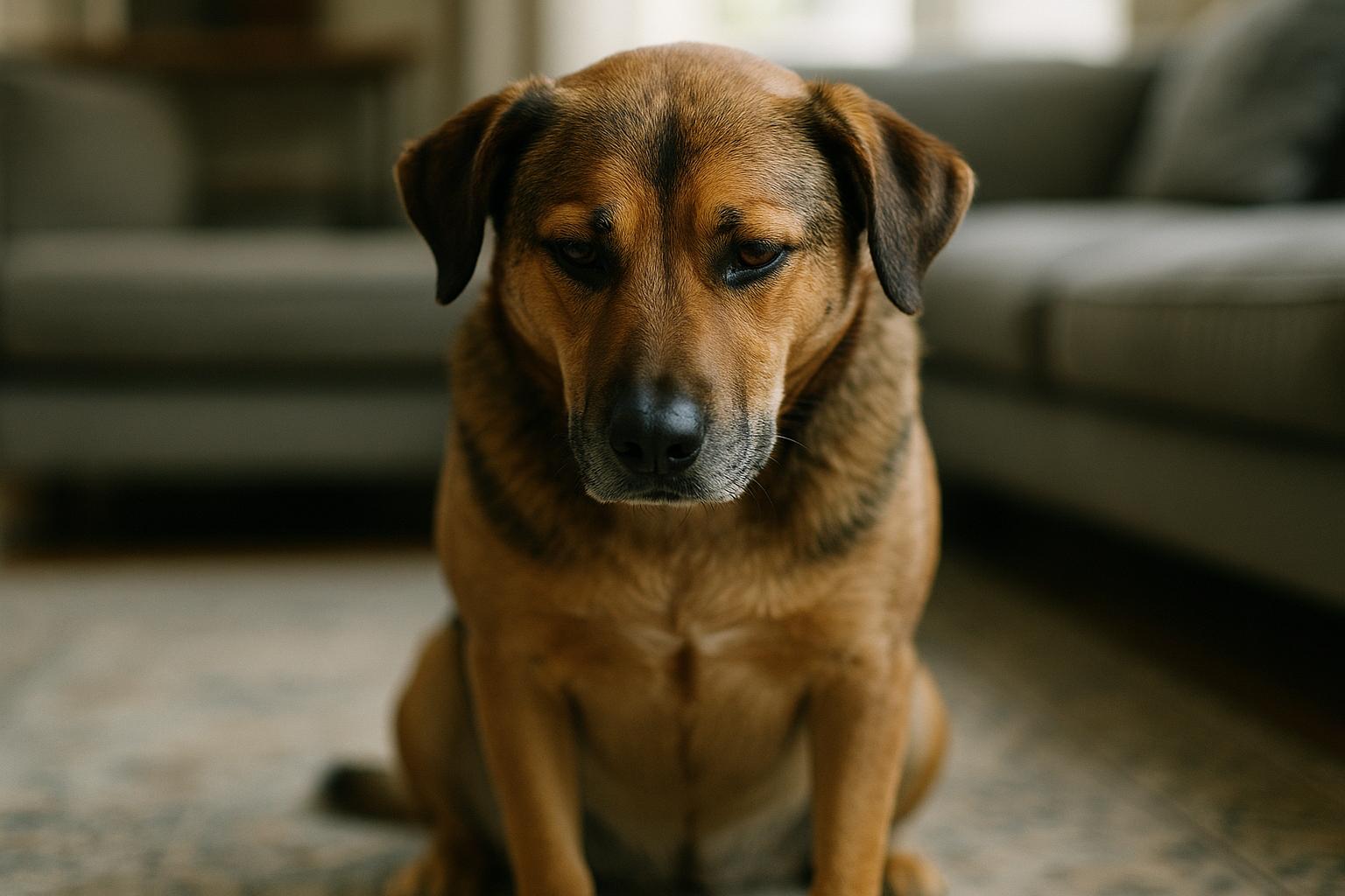 Medium-sized mixed-breed dog sitting with a slightly lowered head indoors, showing a subtle change in posture