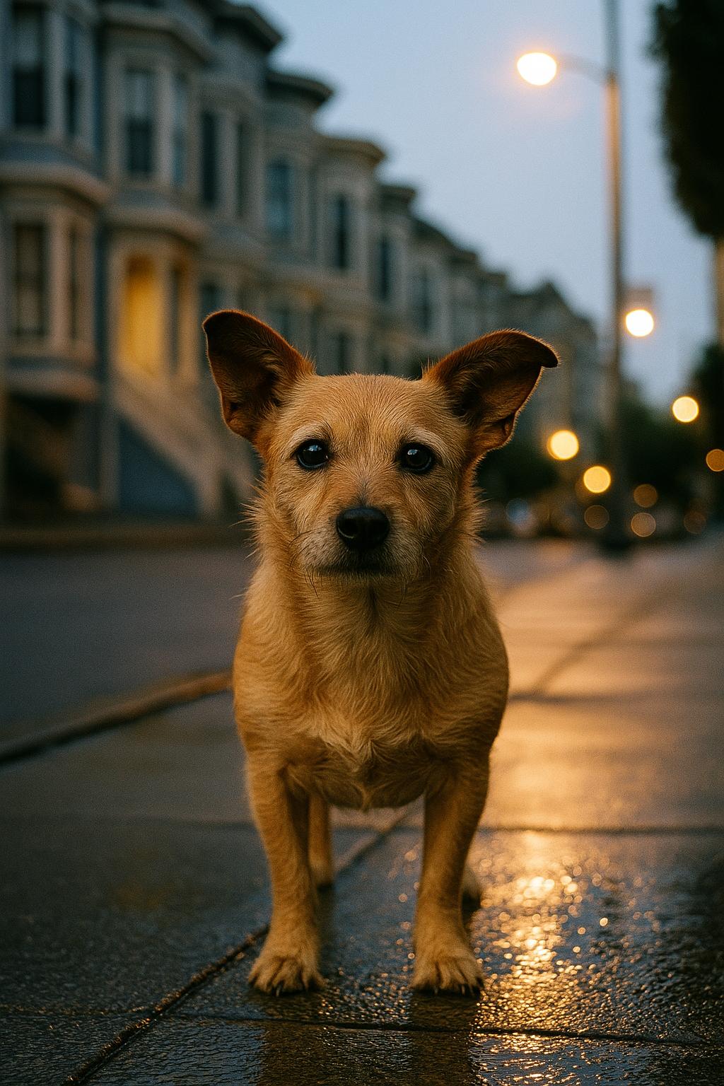 Small tan dog on a wet San Francisco sidewalk at night with Victorian houses blurred in the background.