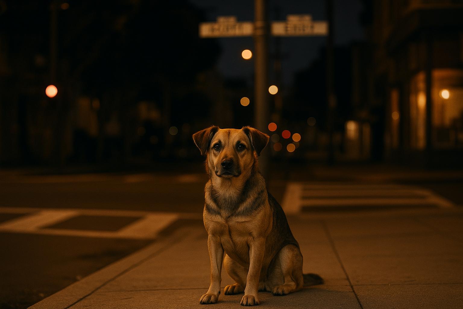 Small 20- to 30-pound dog sitting on a San Francisco sidewalk near an intersection at night, with streetlights and buildings in the background