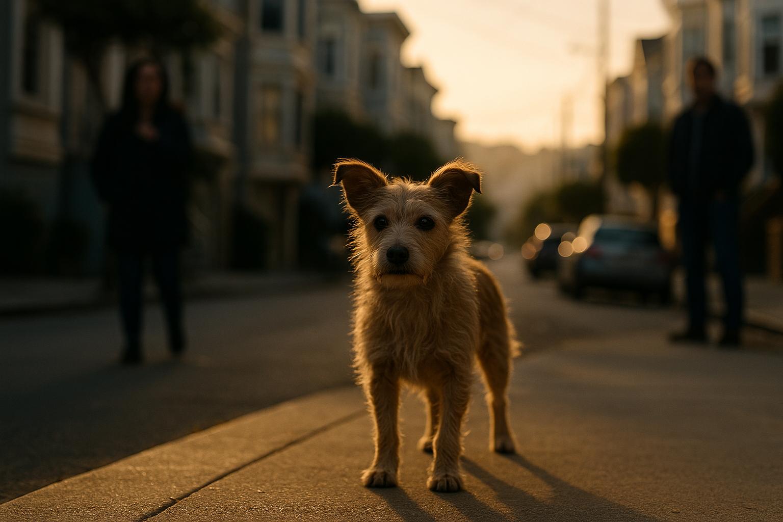 Small dog standing on a Western Addition sidewalk at dusk with blurred onlookers in the background