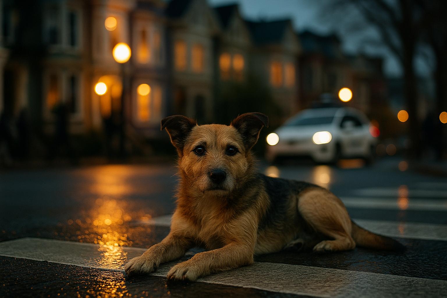 Small dog lying in a San Francisco crosswalk at dusk near row houses, with a blurred autonomous vehicle in the background