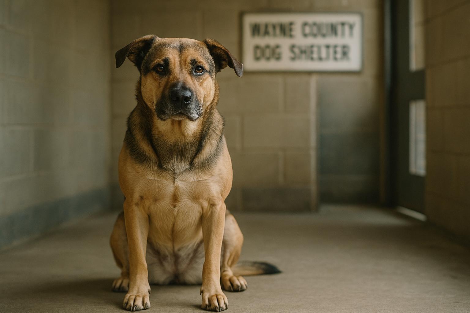 A mixed-breed dog sits inside the Wayne County Dog Shelter intake area, bathed in soft window light