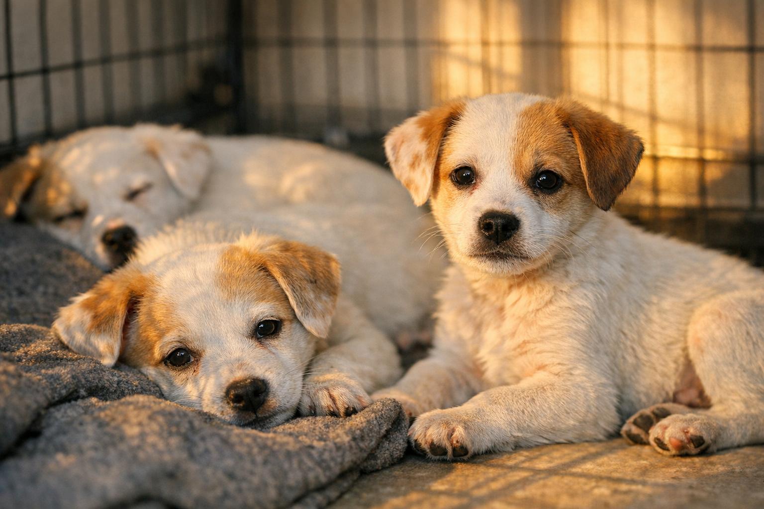 Close-up of young mixed-breed puppies resting in a kennel area with warm natural light