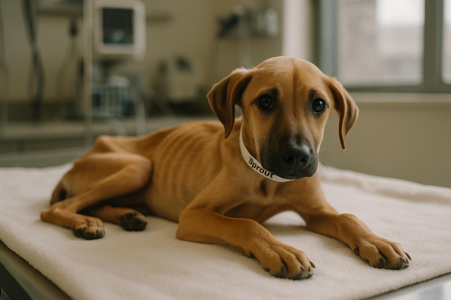 Nine-month-old puppy Sprout resting on a clinic blanket in a veterinary treatment room, looking thin but calm