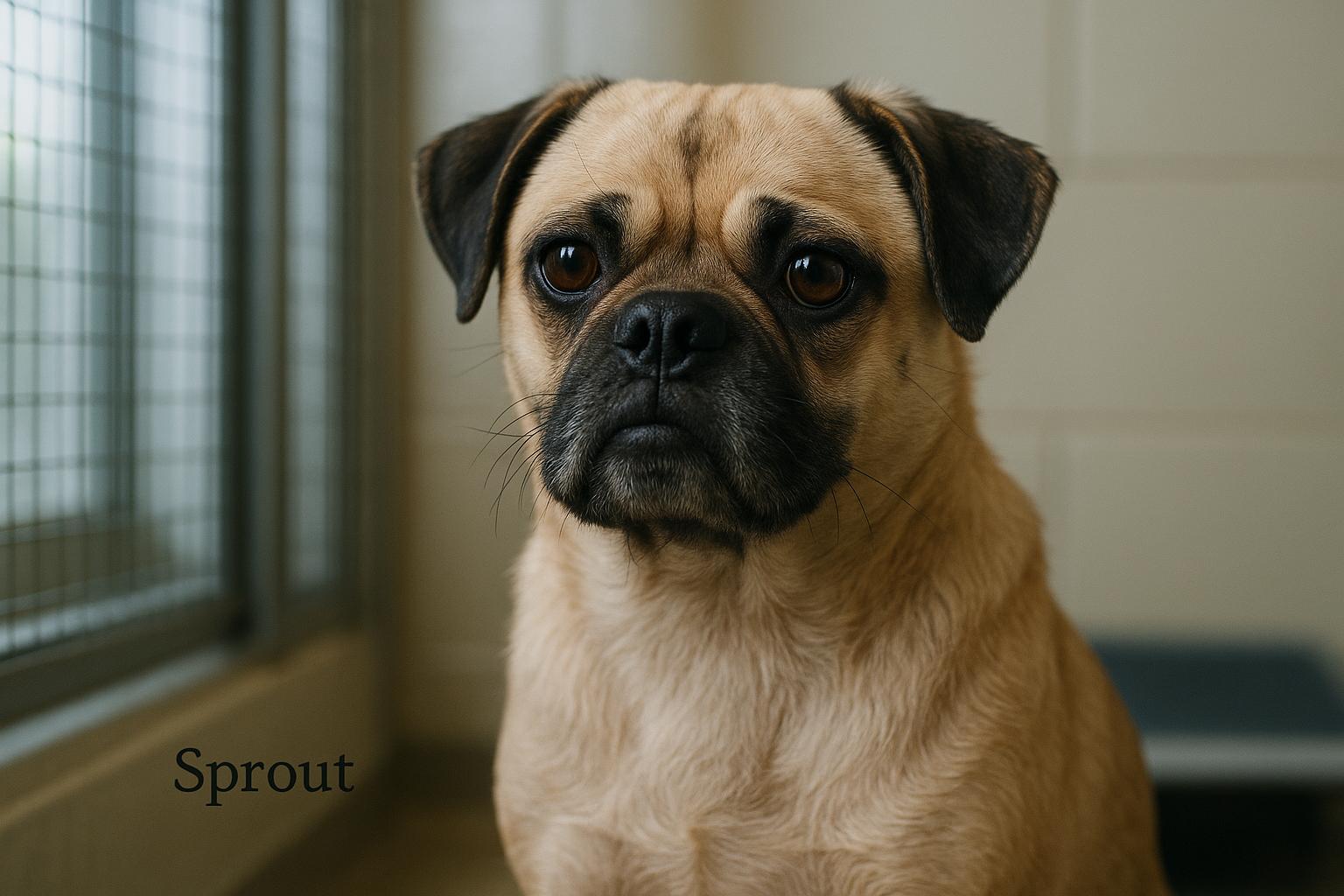Sprout, a recovering pug mix, sits alert in a shelter kennel with soft light from a window