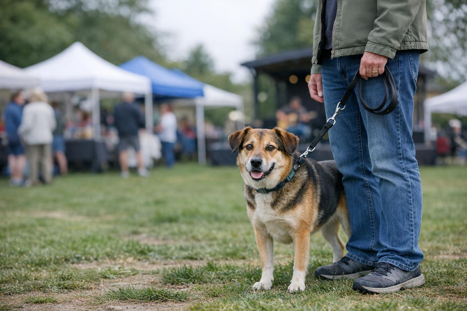 A leashed mixed-breed dog and owner at a park event with vendor tents and a small stage in the background.