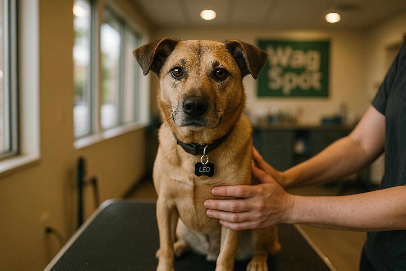 Leo, a sweet dog, sitting on a grooming table at Wag Spot after his bath and haircut, looking calm and alert.