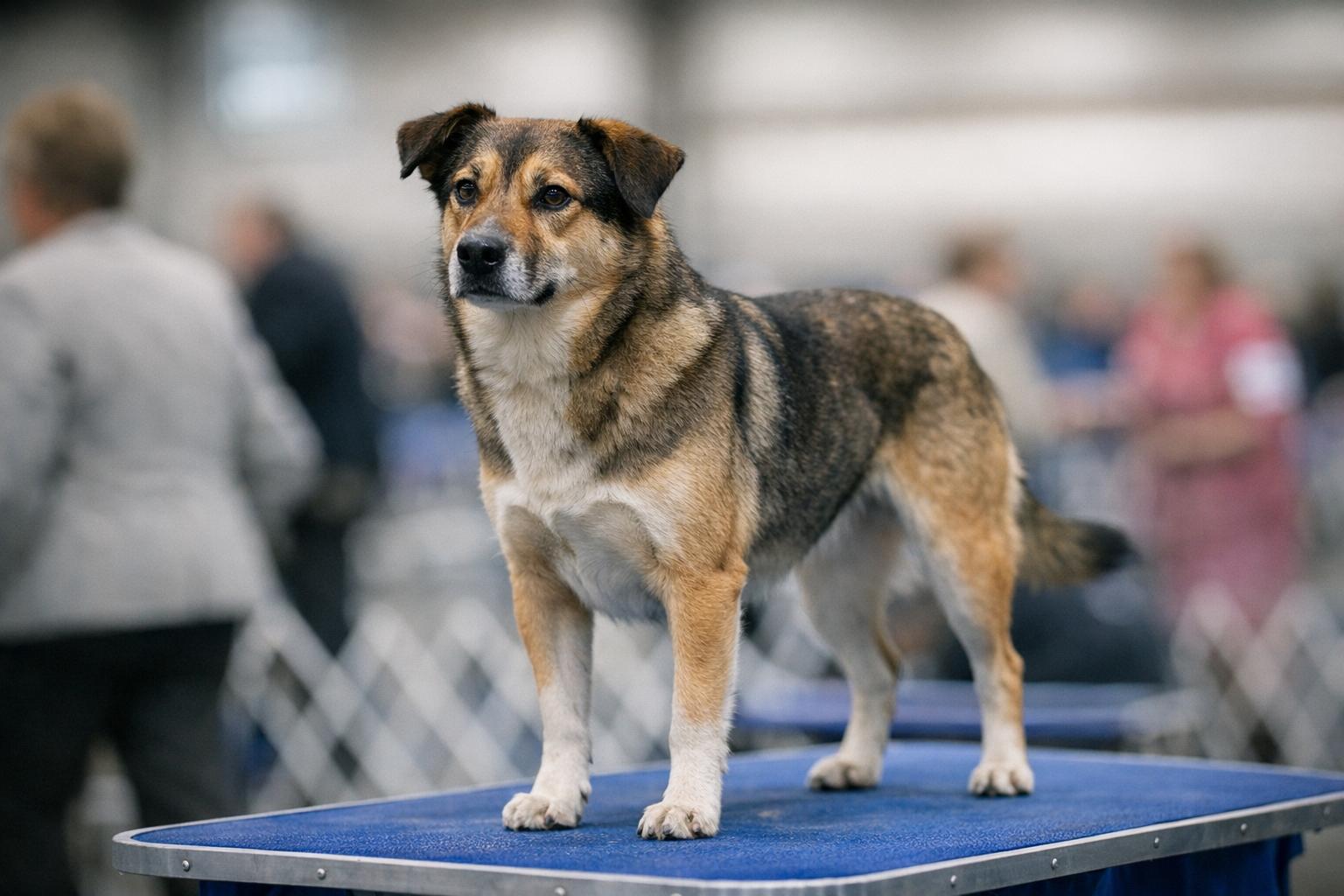 A medium-sized dog on a grooming table inside an expo hall with blurred show rings in the background