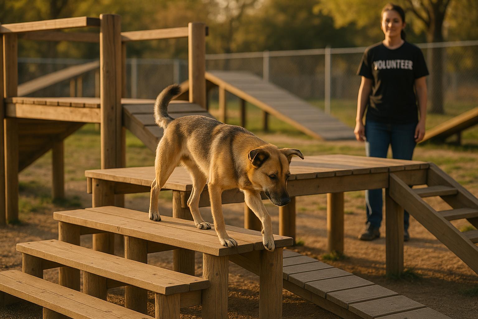 A shelter dog on a wooden ramp at the Barks & Rec outdoor playground with platforms and steps in golden hour light