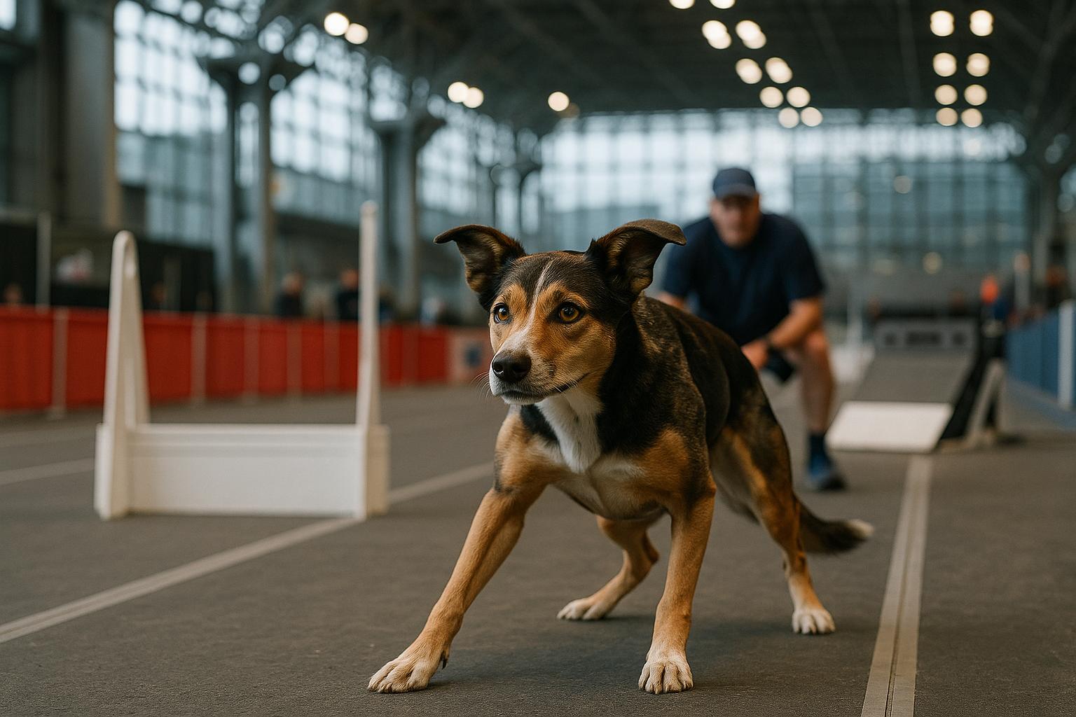 Athletic mixed-breed dog ready to sprint on a flyball course inside the Jacob K. Javits Convention Center