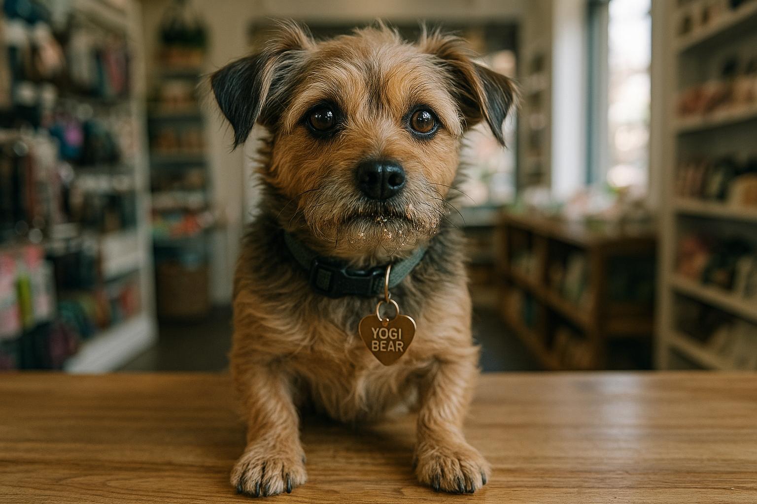 Yogi Bear, a small dog, sitting on a wooden counter at a pet shop with soft sunlight and shallow depth of field