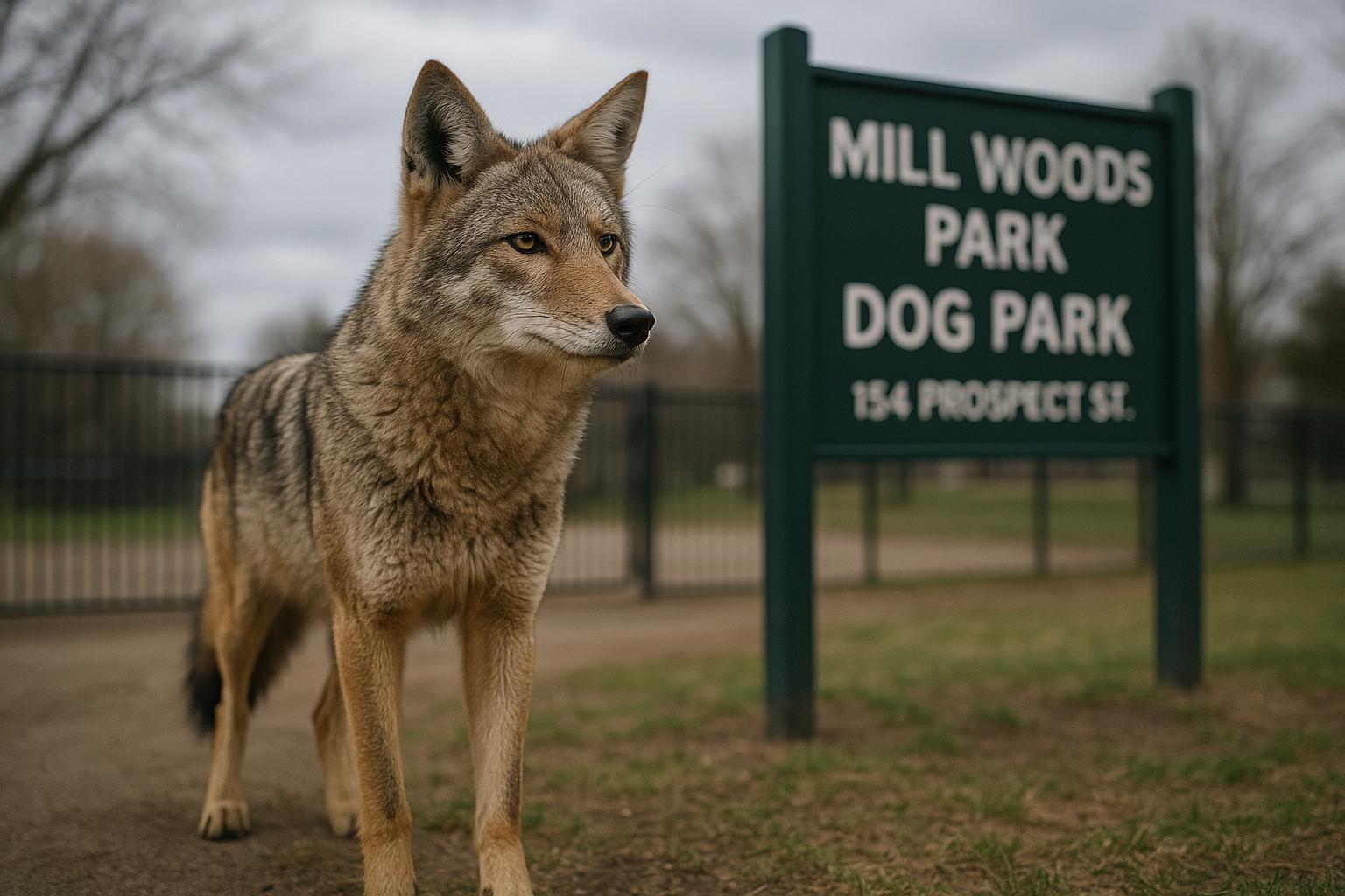 Coyote standing near entrance to Mill Woods Park dog park at 154 Prospect St., Wethersfield, CT