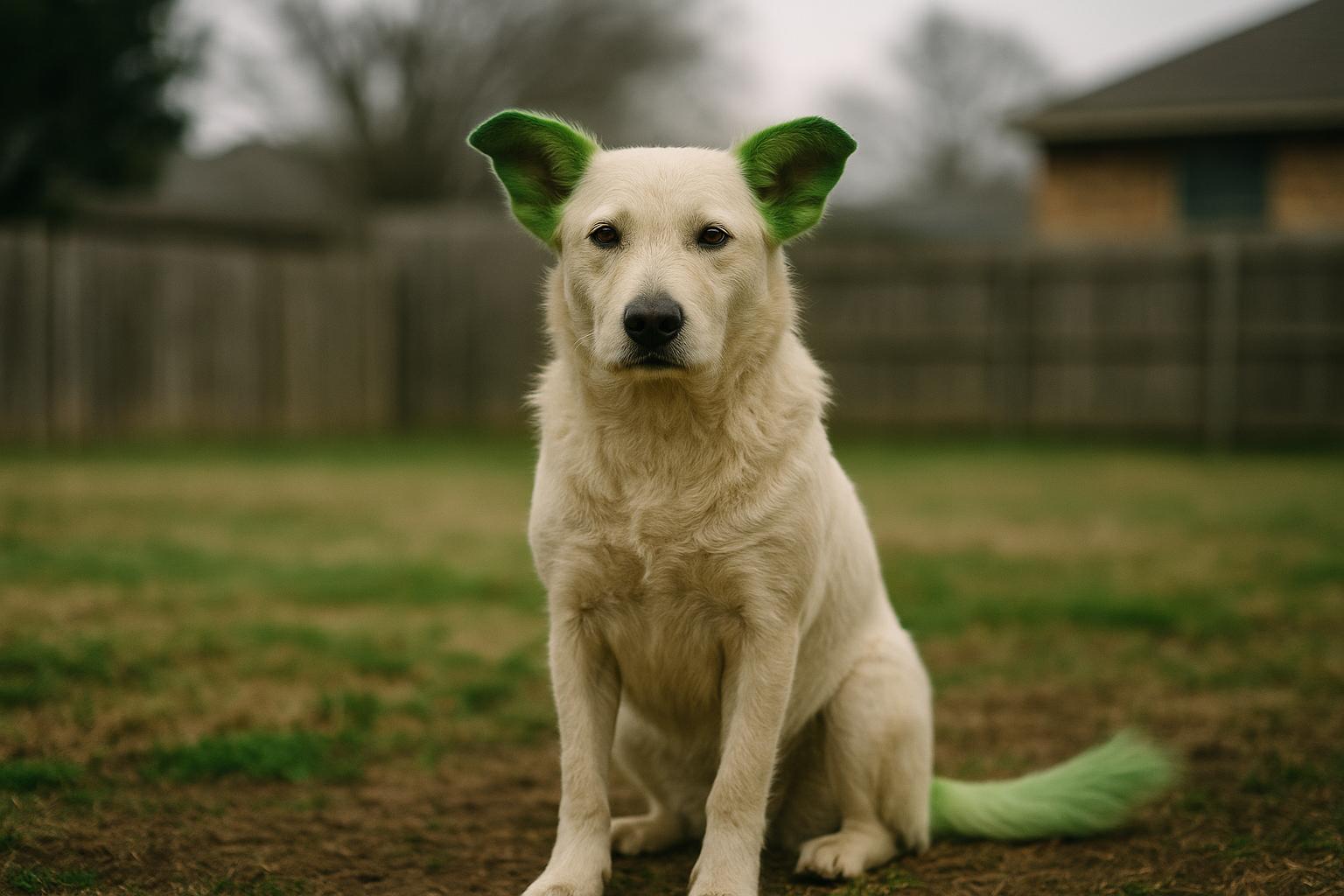 Off-white dog with ears and tail dyed bright green sitting in a backyard
