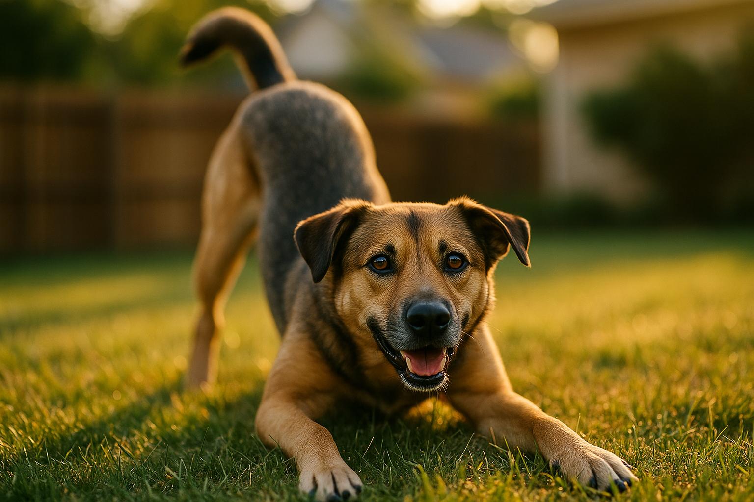 Medium-sized mixed-breed dog performing a play bow in a suburban backyard, front legs stretched and rear end raised, looking relaxed and playful.