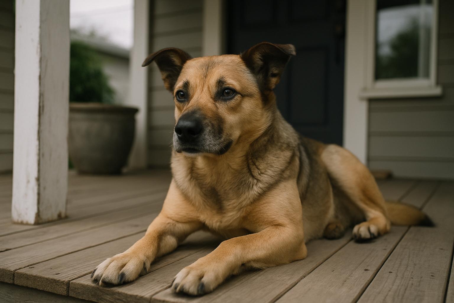 Medium-sized mixed-breed dog resting on a front porch in soft daylight, alert and relaxed.