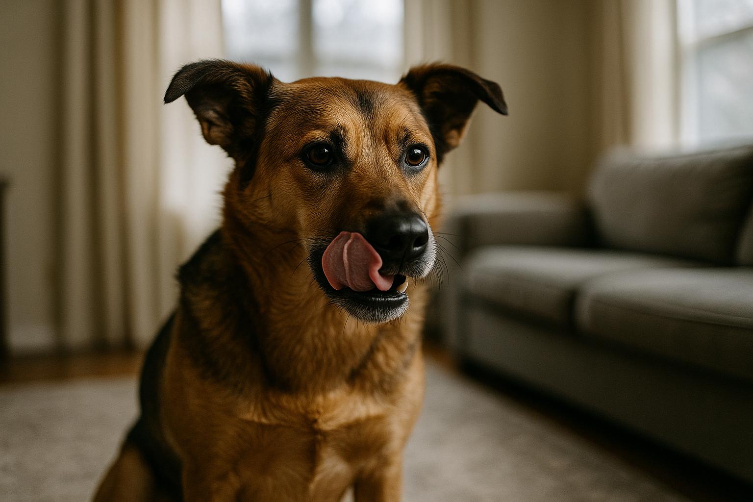 A mixed-breed dog sitting in a living room, mid lip-lick, calm but alert expression