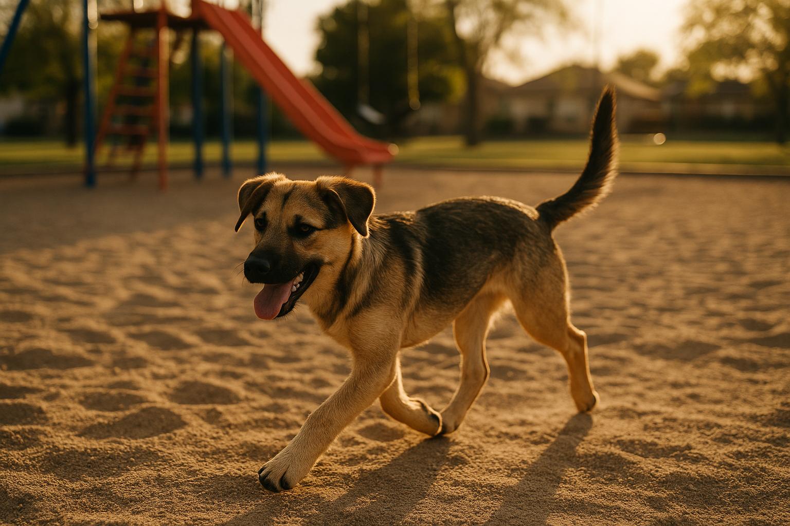 A 7-month-old mixed-breed puppy trotting across a sunlit suburban playground, fur catching the golden-hour light