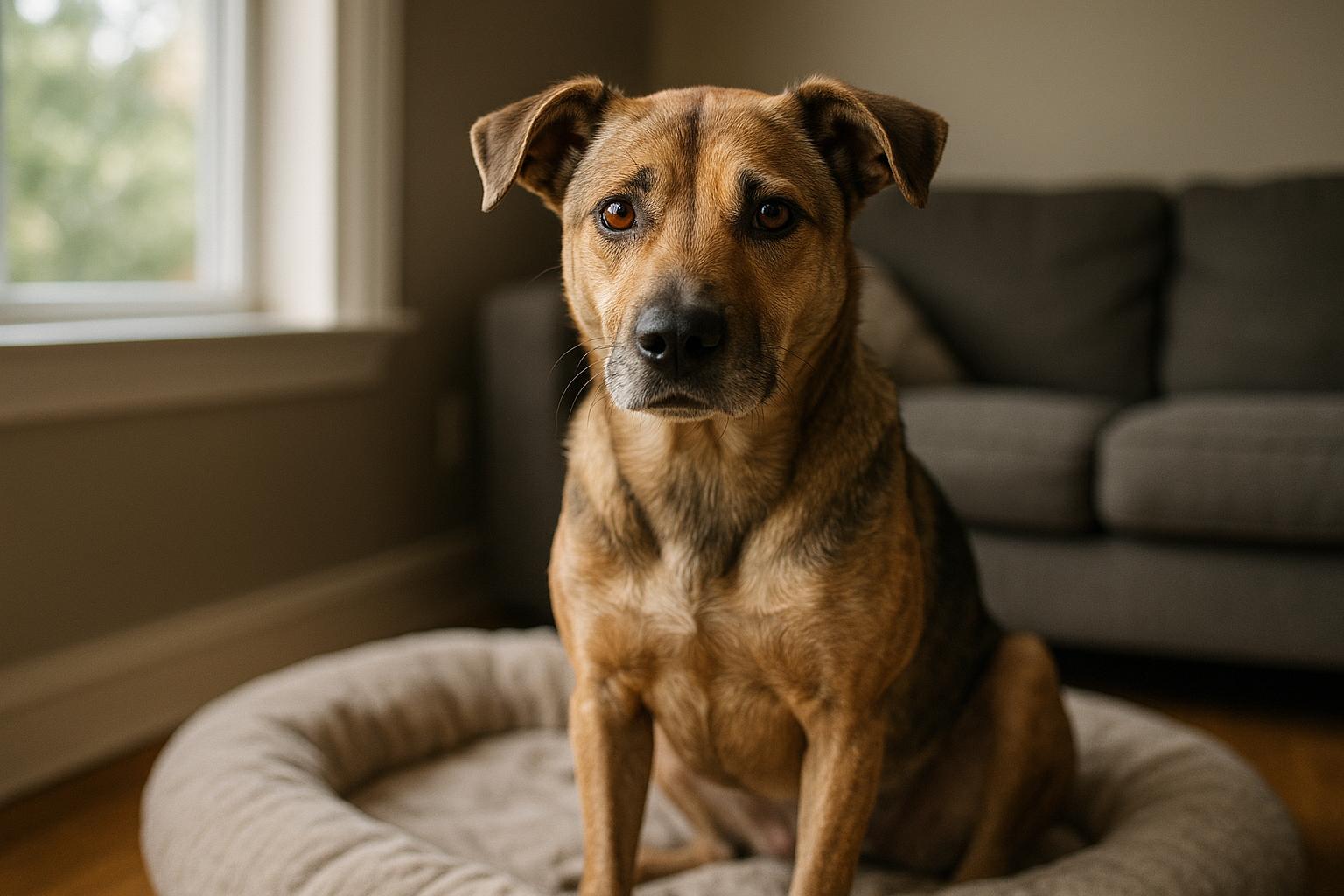 A mixed-breed shelter dog sits calmly on a bed in a living room, eyes alert but relaxed, in soft natural light.