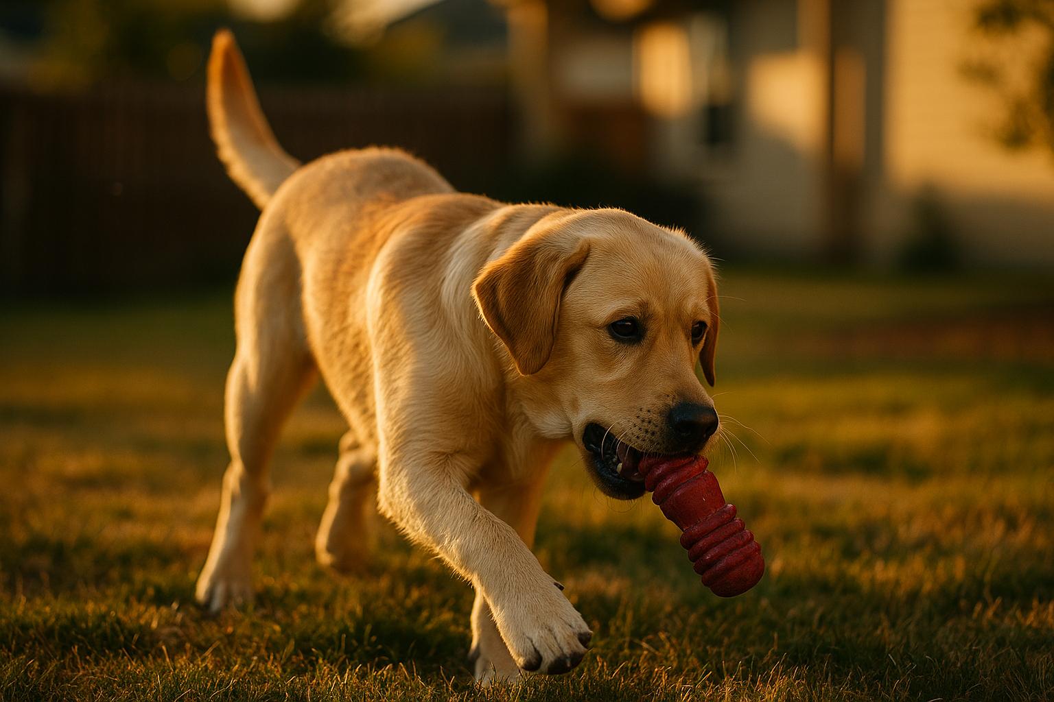 Young Labrador Retriever playing with a chew toy in a suburban backyard at golden hour, showing its thick double coat and energetic posture.