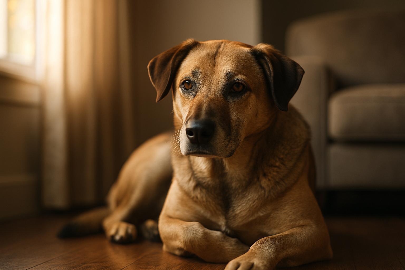 A calm adult dog resting in a quiet corner of a living room, appearing relaxed and observant.