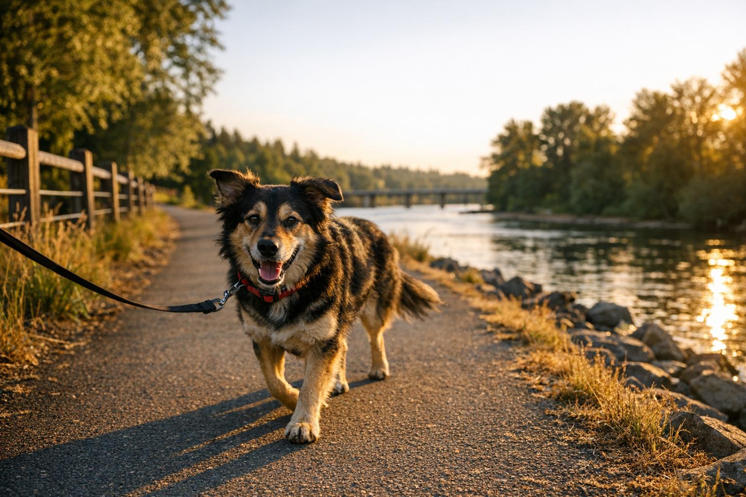 A medium-sized mixed-breed dog on a leash walking on a paved riverfront trail at golden hour with river and trees in the background
