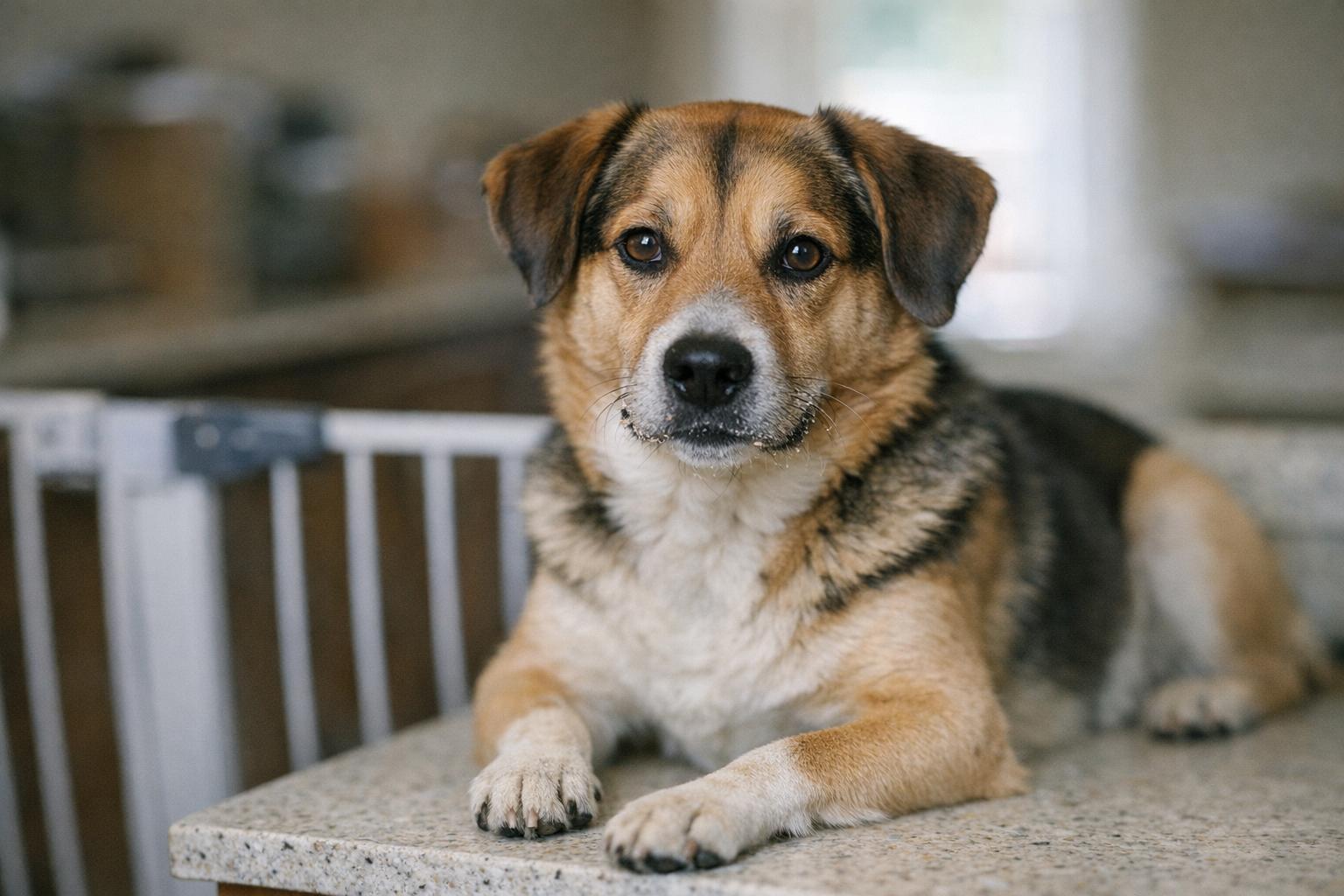 Whisky, a medium-sized dog, sitting calmly on a kitchen counter near a closed baby gate