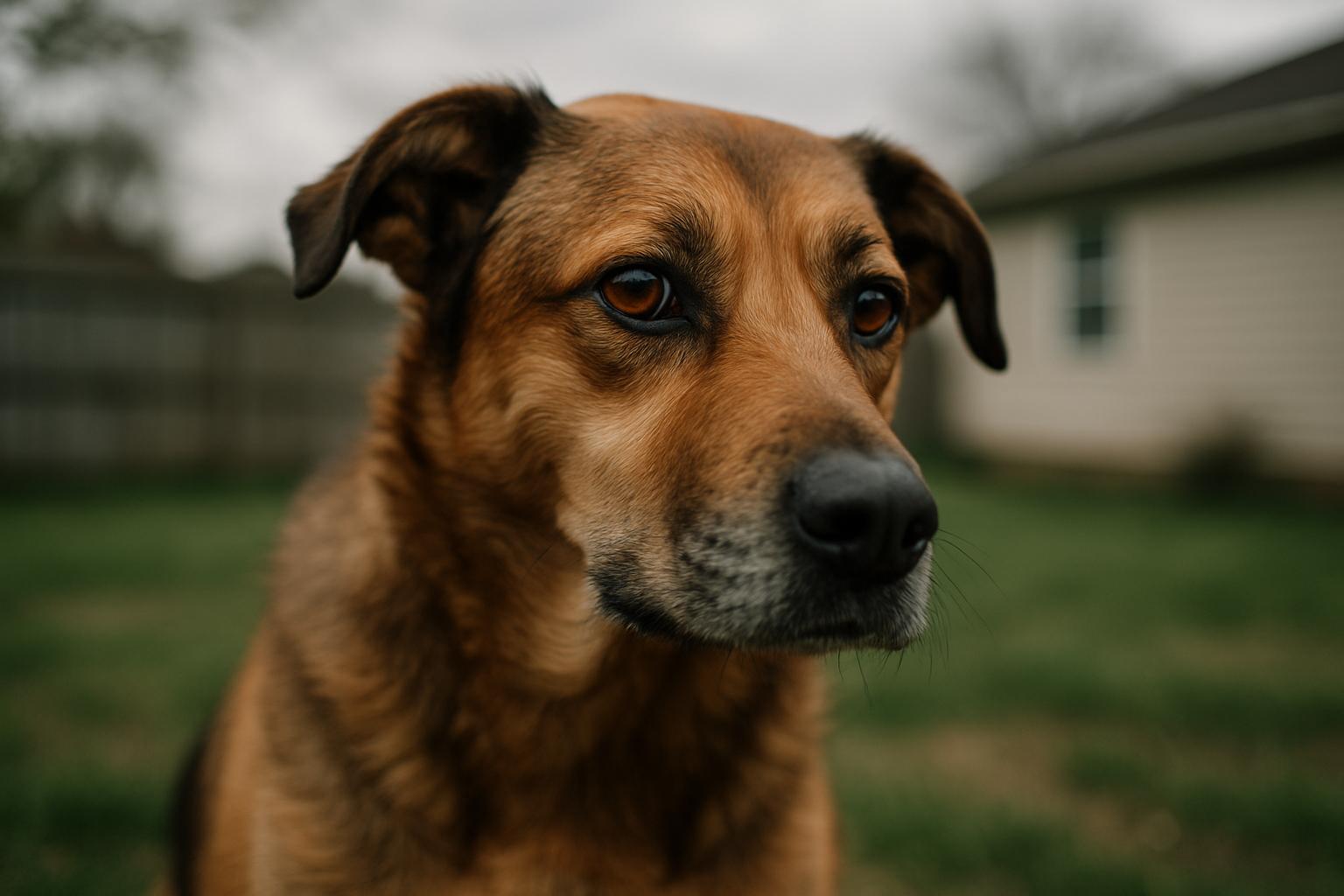 Medium-sized mixed-breed dog in a backyard averting its gaze slightly to the side