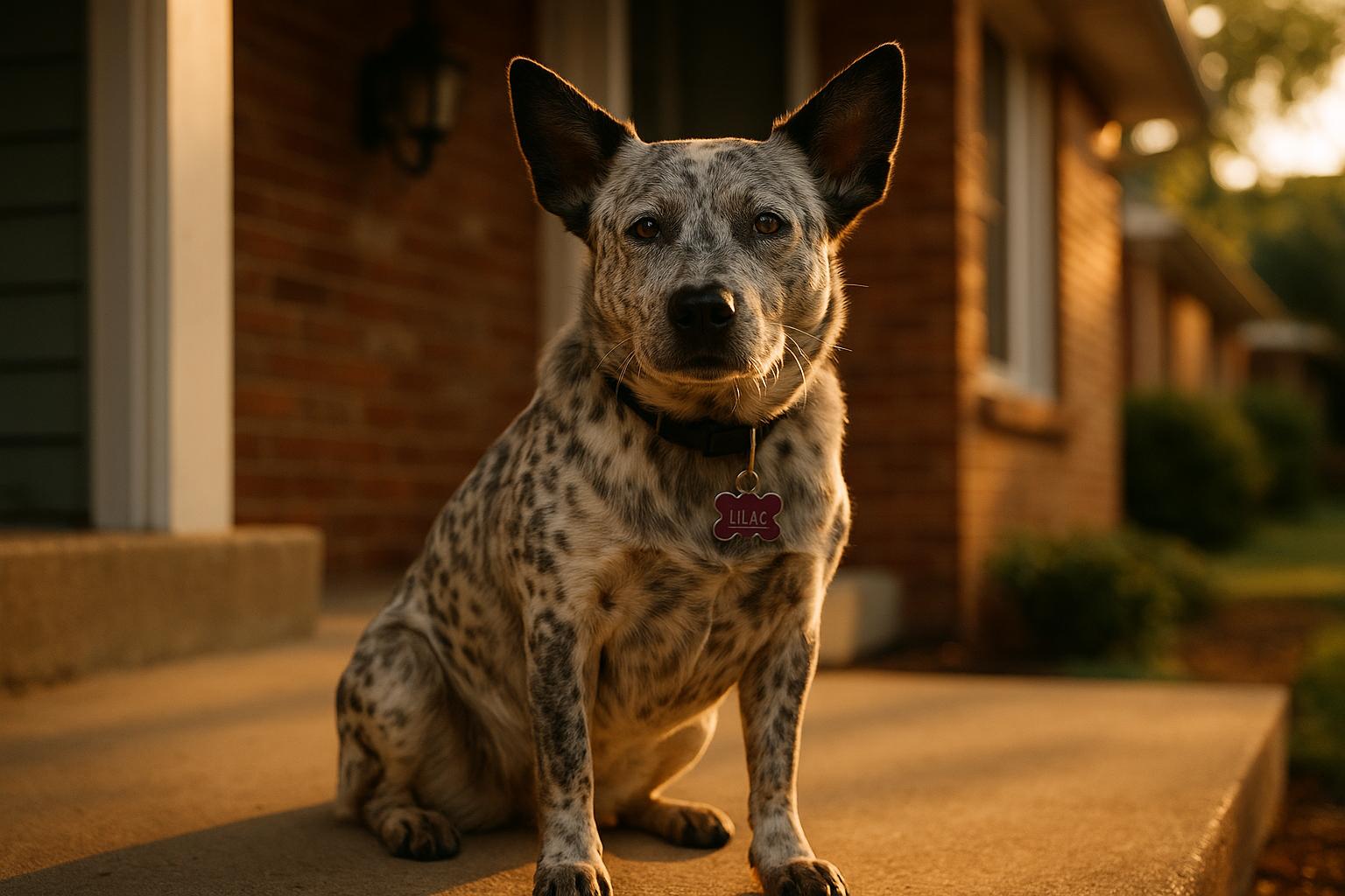 Spotted Cattle Dog (Lilac) sitting alert on a porch, ears perked and looking attentive