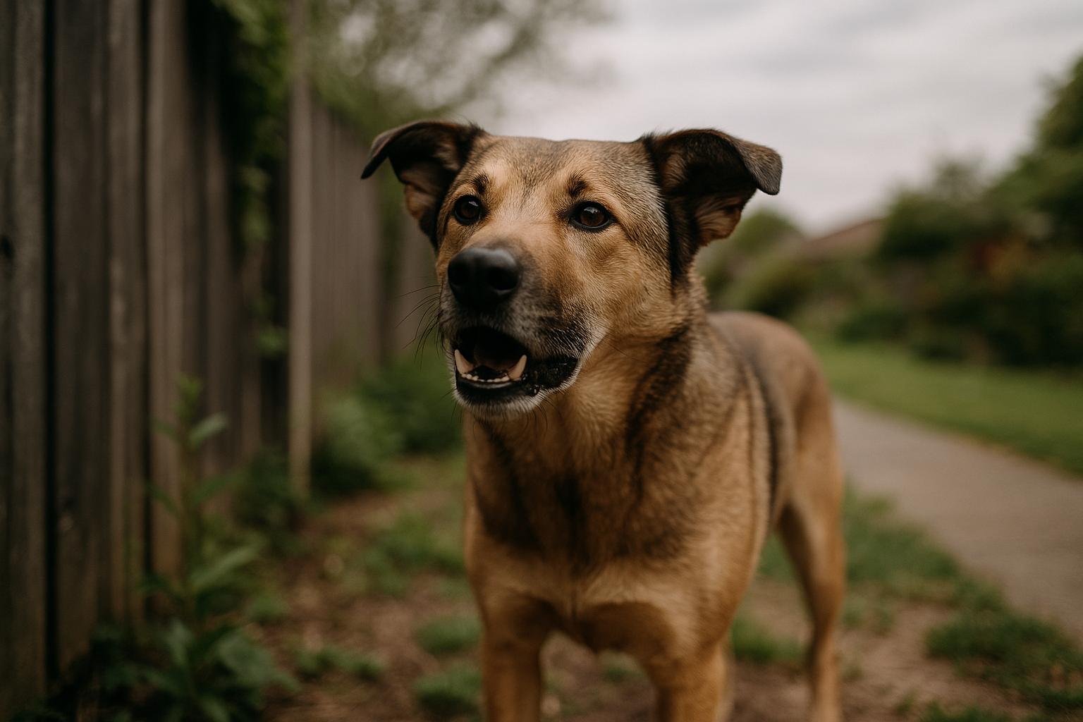 A medium-sized mixed-breed dog standing alert by a garden fence, appearing to bark, under soft overcast light.