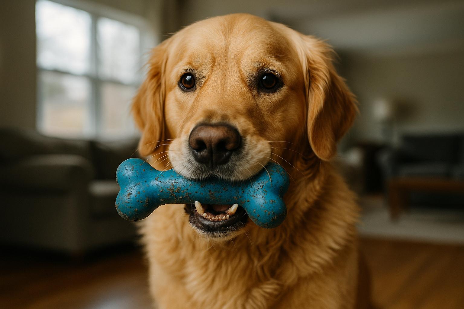 Golden Retriever holding a blue squeaky toy in its mouth in a living room, soft natural light