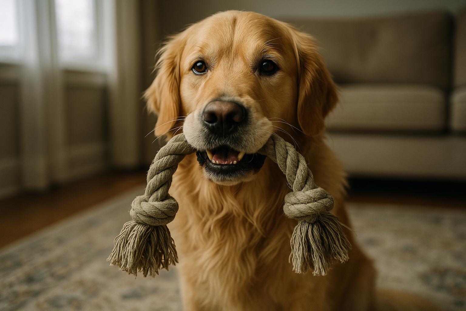Golden Retriever carrying a rope toy in a living room, close-up, soft window light