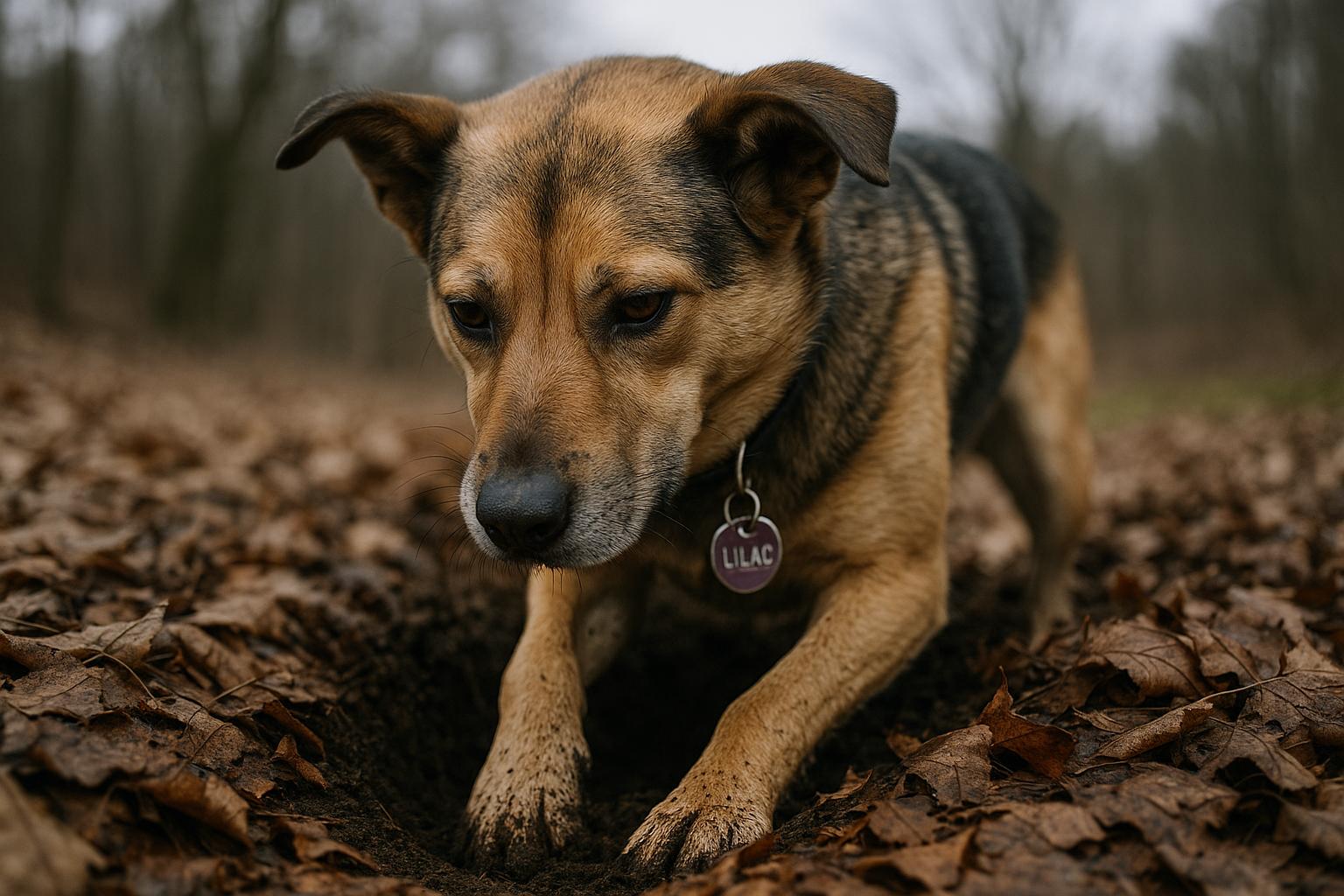 Mixed-breed dog named Lilac digging a shallow hole among brown leaves at the edge of woods
