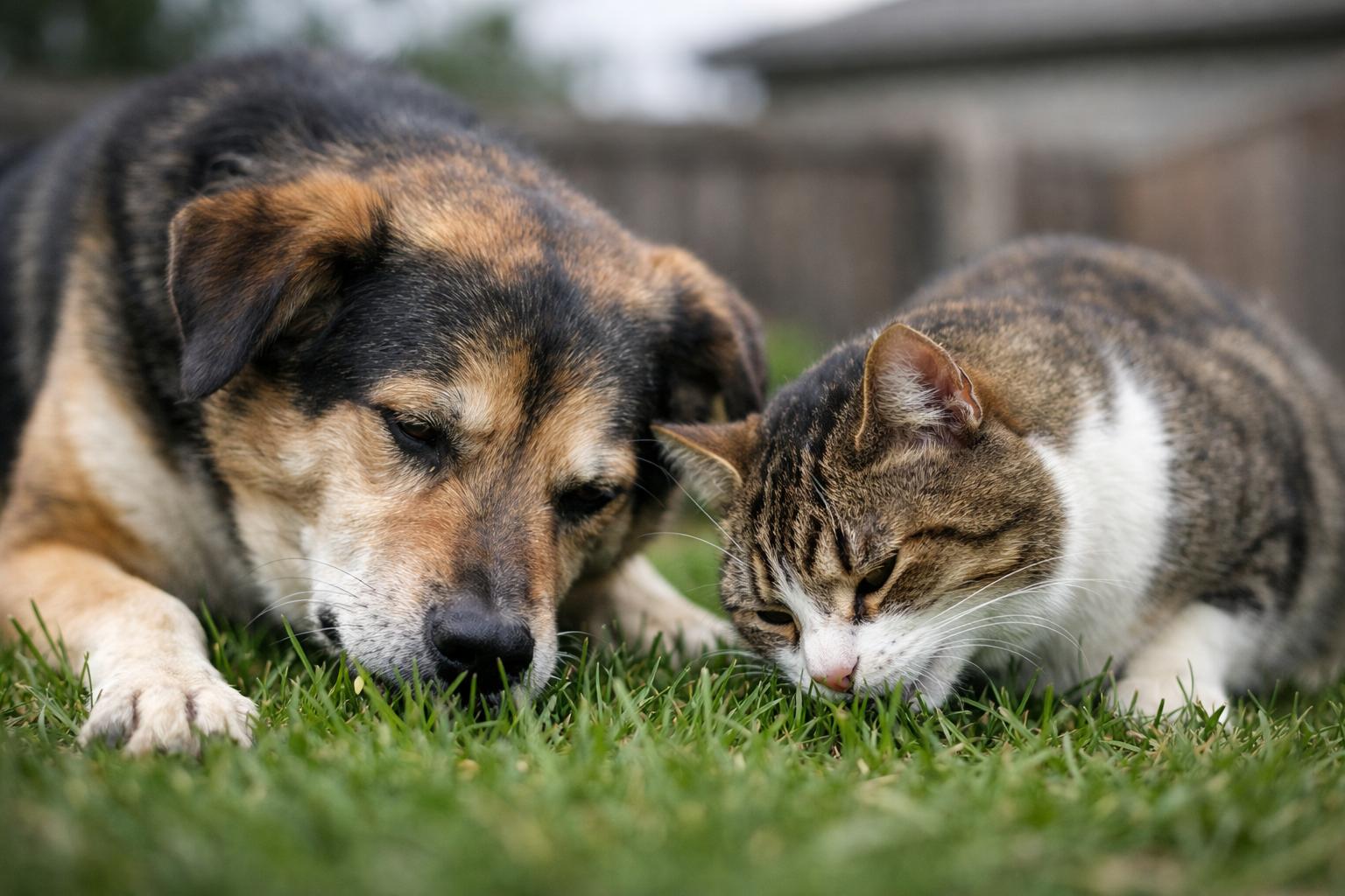 Mixed-breed dog and domestic shorthair cat nibbling grass in a suburban backyard